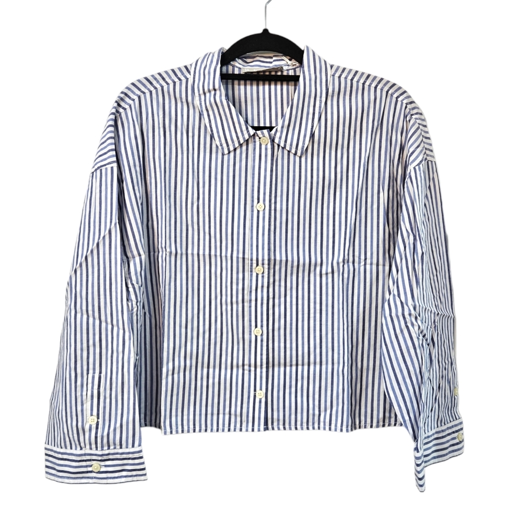 NWT Everlane Blue And White Striped Cotton Collared The Woven PJ Top Size M - Picture 2 of 8